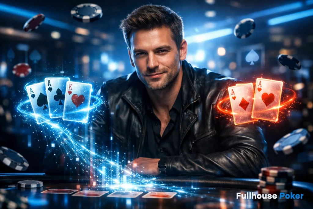 Fullhouse Poker player holding ace cards with glowing visual effects and chips in casino poker environment