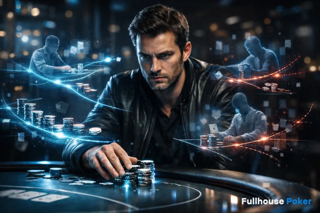 Fullhouse Poker player stacking chips with strategic gameplay visuals and data-driven poker decision concept