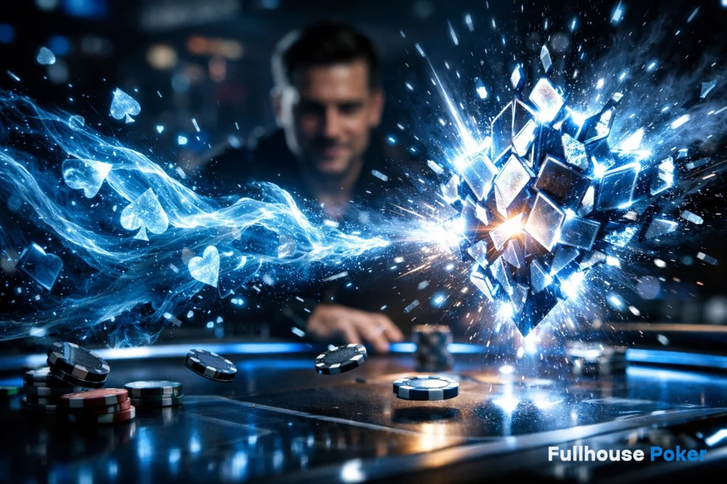 Fullhouse Poker winning moment with cards exploding into light effects, representing big win and poker success